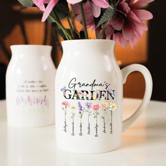 Custom Birth Month Flowers Grandma Vase – Personalized Grandkid Name Flower Vase, Mother’s Day Gift