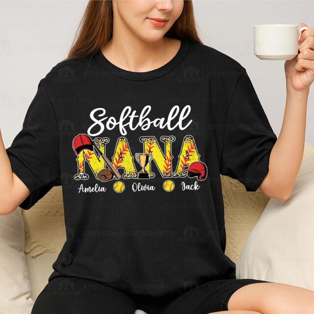 Custom Softball Mom Shirt Personalized Nana Sports Tee with Kid’s Name