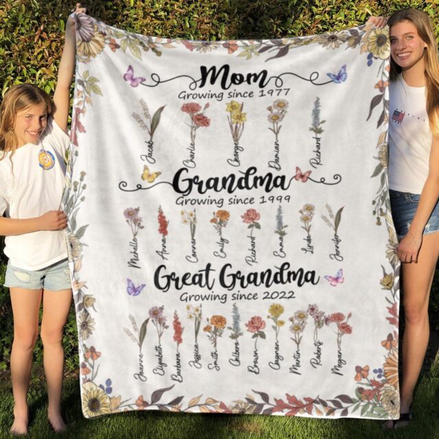 Mom, Grandma & Great Grandma Blanket – Personalized Birth Month Flowers Gift