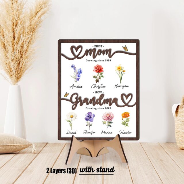 Personalized Birth Month Flowers Grandma Wooden Sign – First Mom Now Grandma Gift