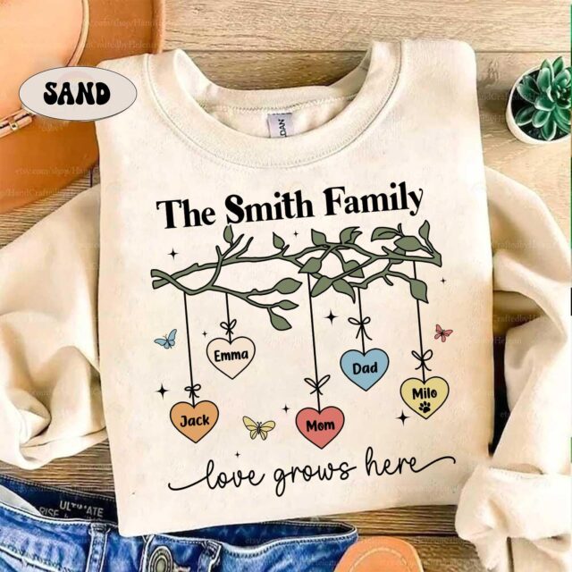 Custom Family Tree Shirt – Love Grows Here Sweatshirt, Personalized Family Name Tee