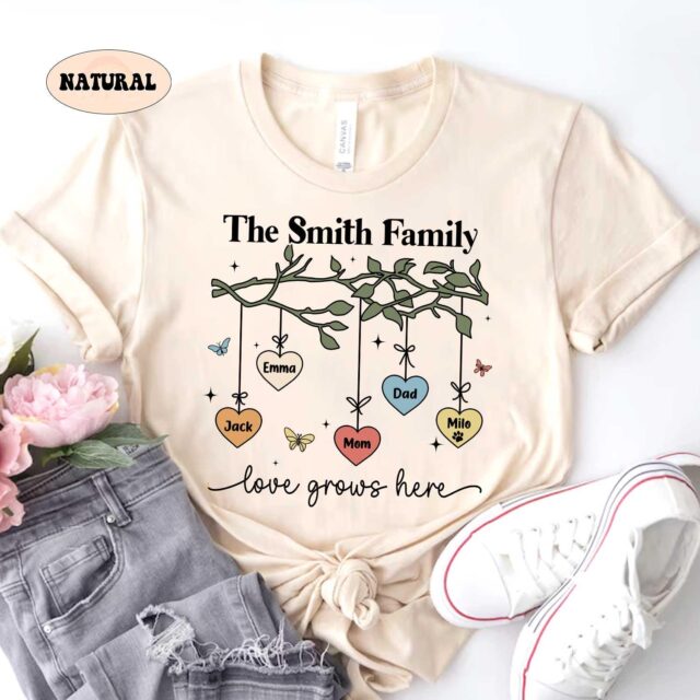 Custom Family Tree Shirt – Love Grows Here Sweatshirt, Personalized Family Name Tee