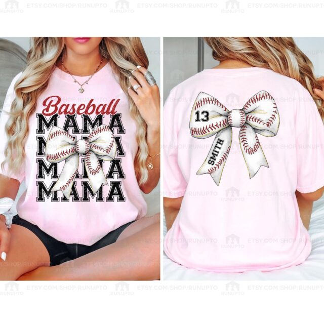 Personalized Baseball Mom Shirt – Custom Name & Number, Baseball Bow Tee for Mama & Game Day