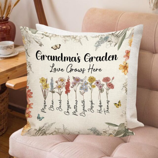 Custom Birth Month Flowers Grandma Pillow – Personalized Grandma’s Garden Gift