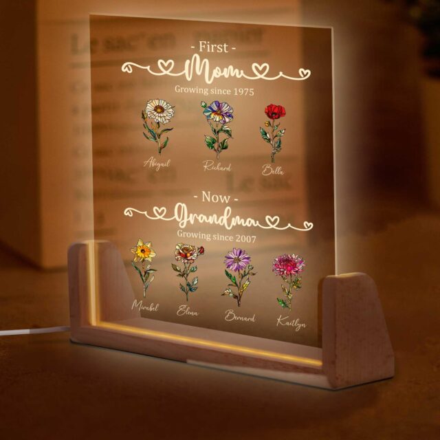 Custom First Mom Now Grandma Night Light – Personalized Birth Month Flower Gift
