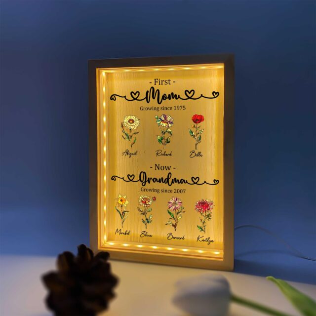 Custom First Mom Now Grandma Night Light Box – Birth Month Flower Gift for Mother’s Day