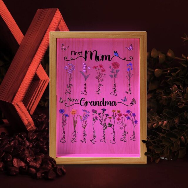Custom First Mom Now Grandma Night Light – Personalized Birth Month Flower Gift