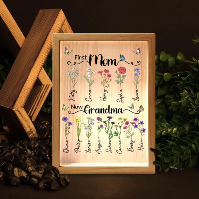 Custom First Mom Now Grandma Night Light – Personalized Birth Month Flower Gift