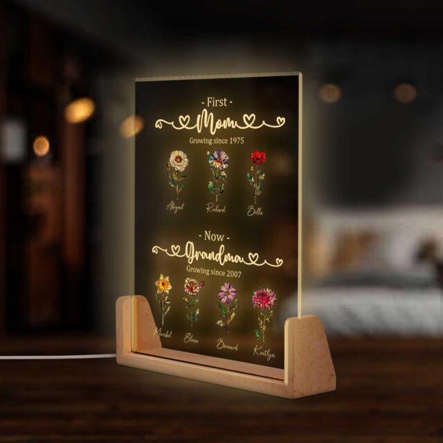 Custom First Mom Now Grandma Night Light – Personalized Birth Month Flower Gift