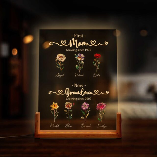 Custom First Mom Now Grandma Night Light – Personalized Birth Month Flower Gift