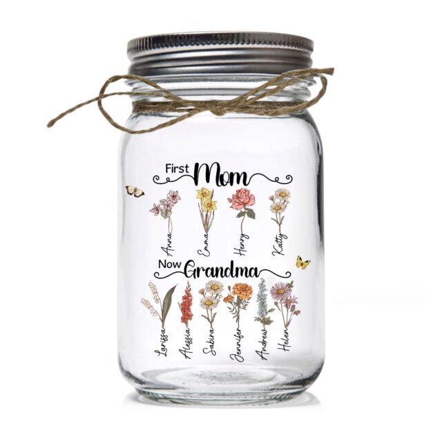 Custom First Mom Now Grandma Night Light – Personalized Birth Month Flower Gift