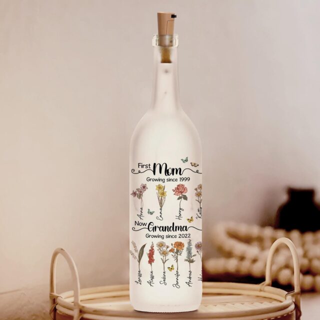 Custom First Mom Now Grandma Bottle Lamp – Personalized Birth Month Flower Gift