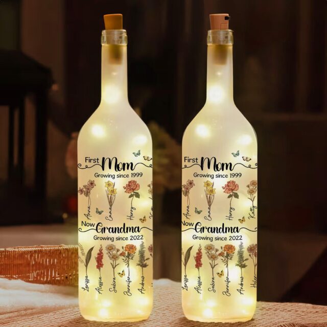 Custom First Mom Now Grandma Bottle Lamp – Personalized Birth Month Flower Gift