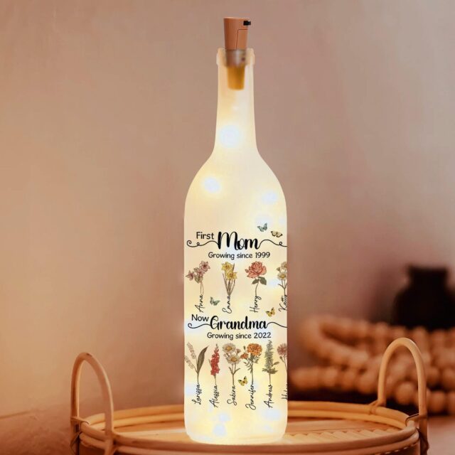 Custom First Mom Now Grandma Bottle Lamp – Personalized Birth Month Flower Gift