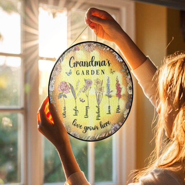Personalized Grandma’s Garden Stained Glass Suncatcher with Birth Month Flowers