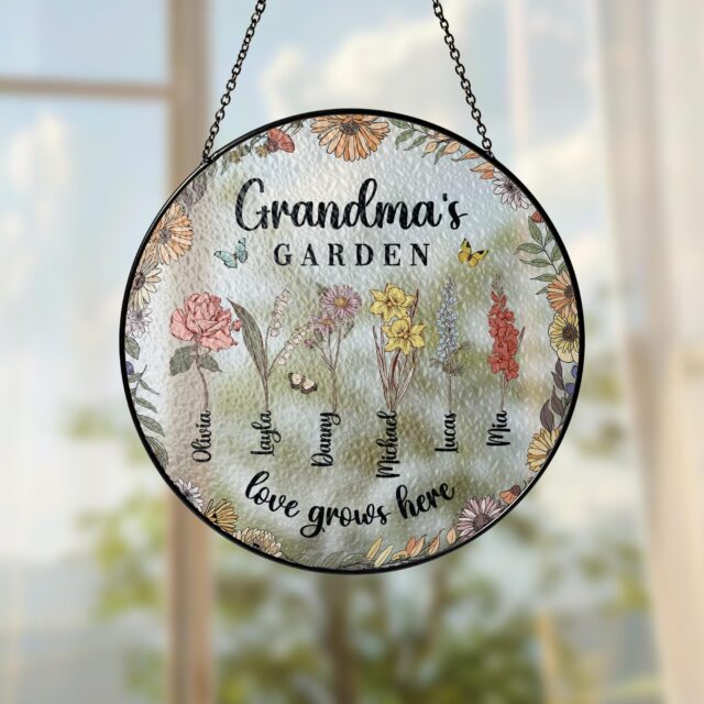 Personalized Grandma’s Garden Stained Glass Suncatcher with Birth Month Flowers