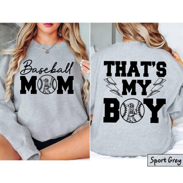 Personalized Baseball Mom Shirt – That’s My Boy Custom Name & Number Tee