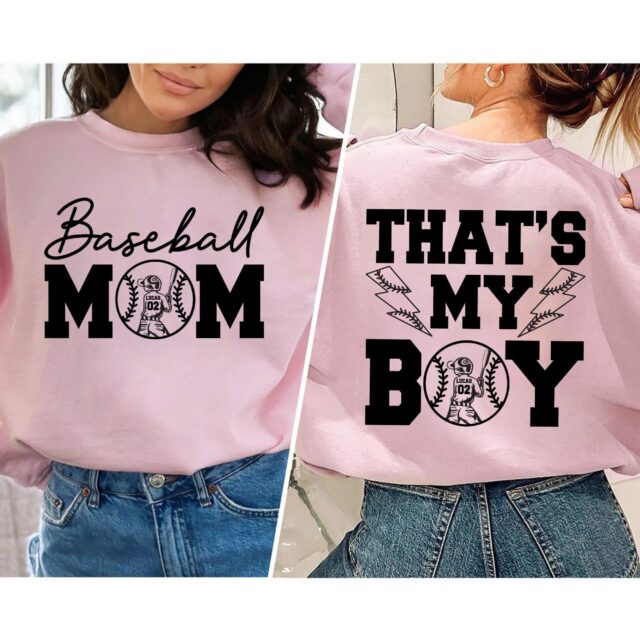 Personalized Baseball Mom Shirt – That’s My Boy Custom Name & Number Tee