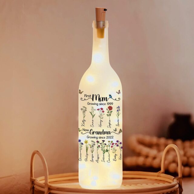 Custom First Mom Now Grandma Bottle Lamp – Personalized Birth Month Flower Gift