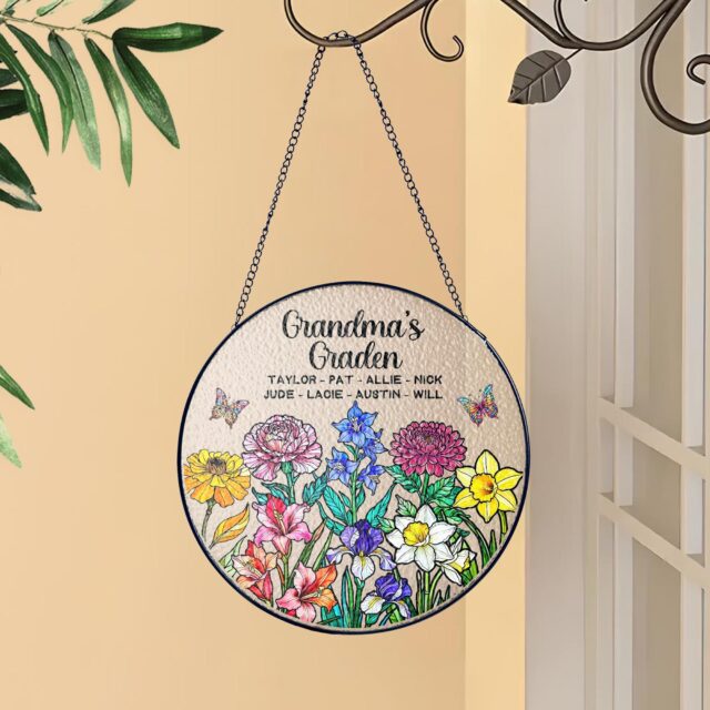 Personalized Birth Month Flowers Stained Glass Suncatcher with Grandkids Names
