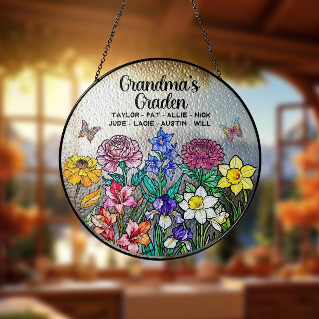 Personalized Birth Month Flowers Stained Glass Suncatcher with Grandkids Names