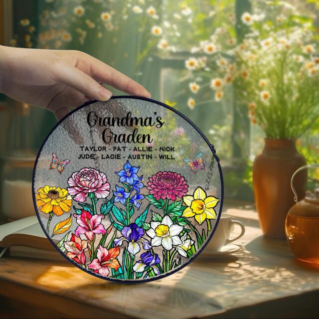 Personalized Birth Month Flowers Stained Glass Suncatcher with Grandkids Names