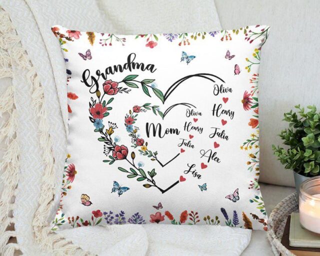 Personalized Grandma Heart Pillow – Custom Grandma & Grandkids Names, First Mom Now Grandma Gift