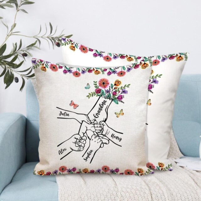Personalized Grandma Flower Kid Pillow Holding Kid Hands Mom Grandma