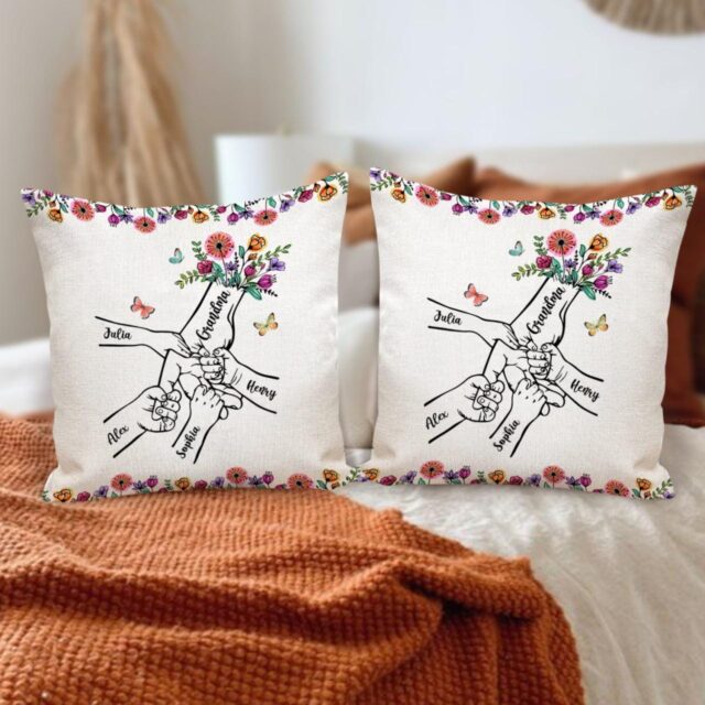 Personalized Grandma Flower Kid Pillow Holding Kid Hands Mom Grandma