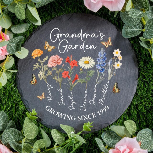 Custom Grandma’s Garden Stone with Birth Month Flowers and Grandkid Names