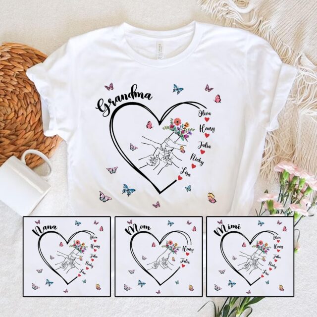 Custom Grandma Shirt Holding Kids’ Hands with Names Floral Mom Tee