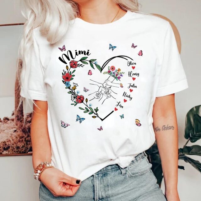 Custom Grandma Shirt Holding Kid’s Hands with Names Floral Mom Tee