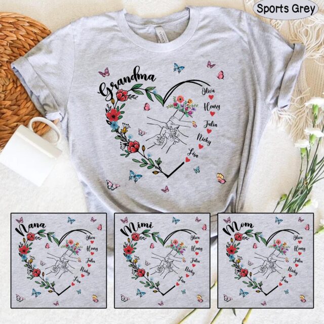 Custom Grandma Shirt Holding Kid’s Hands with Names Floral Mom Tee