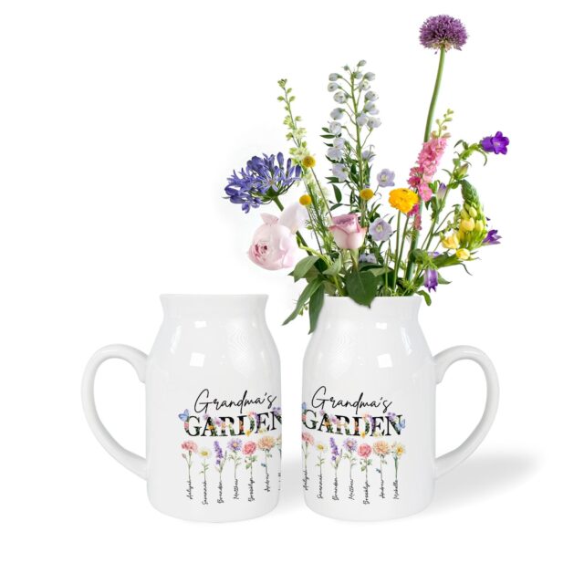 Custom Birth Month Flowers Grandma Vase – Personalized Grandkid Name Flower Vase, Mother’s Day Gift