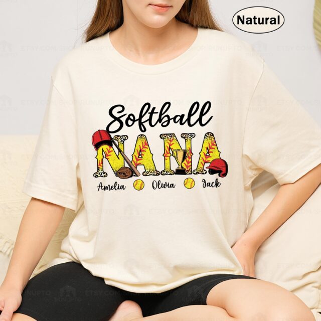 Custom Softball Mom Shirt Personalized Nana Sports Tee with Kid’s Name