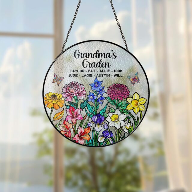 Personalized Birth Month Flowers Stained Glass Suncatcher with Grandkids Names