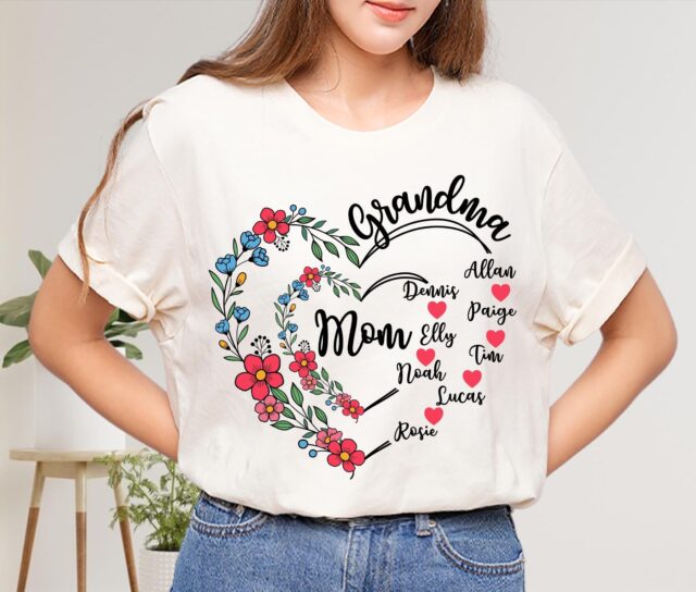 Personalized Grandma Heart Shirt Custom Grandma Tee with Kids & Grandkids Names