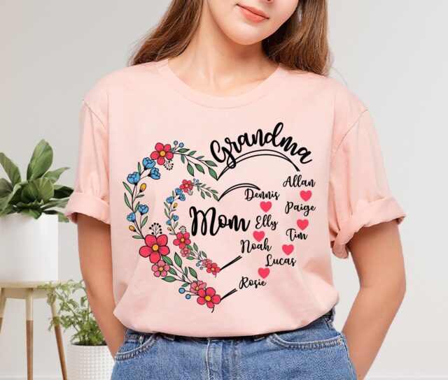 Personalized Grandma Heart Shirt Custom Grandma Tee with Kids & Grandkids Names