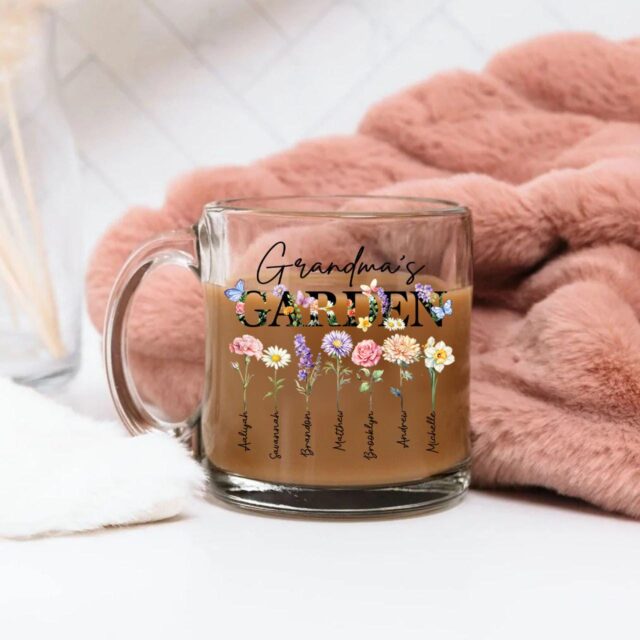 Personalized Grandmas Garden Glass Mug Custom Birth Flower Mug with Kid Name