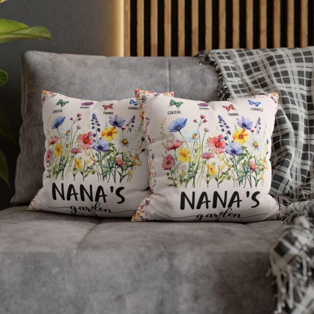 Personalized Grandmas Garden Pillow Custom Wildflower Butterfly Gift for Mom & Nana