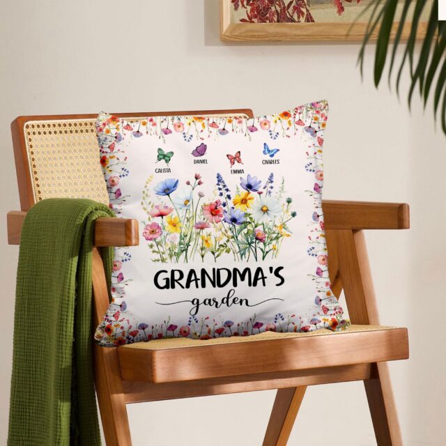 Personalized Grandmas Garden Pillow Custom Wildflower Butterfly Gift for Mom & Nana
