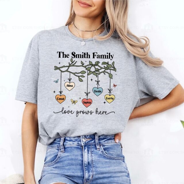 Custom Family Tree Shirt – Love Grows Here Sweatshirt, Personalized Family Name Tee