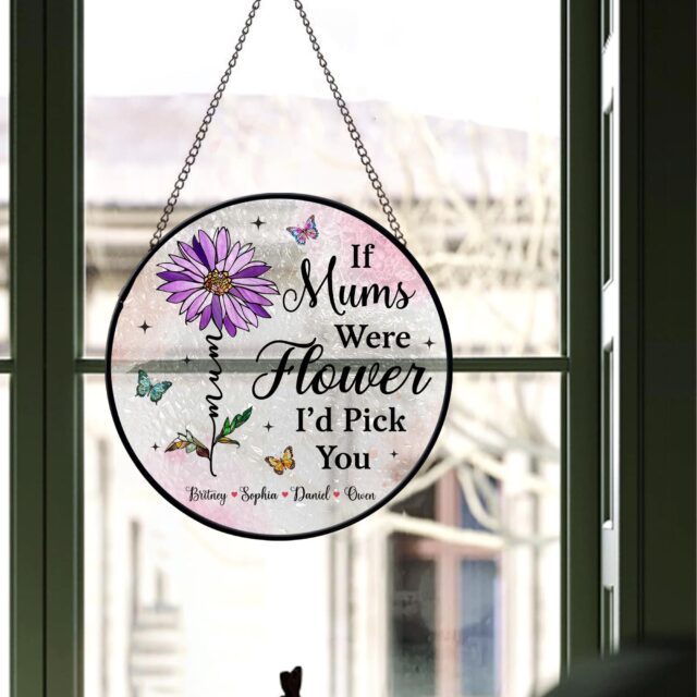 Custom Grandma Stained Glass Suncatcher – Personalized Flower Gift with Grandkids’ Names