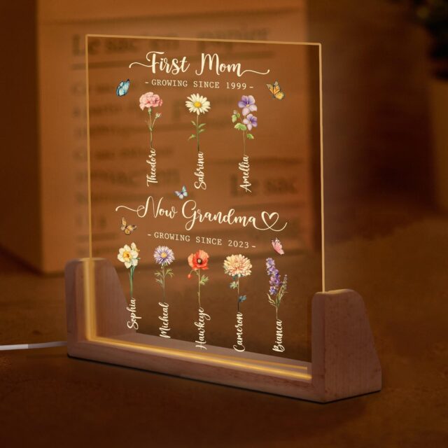 Custom First Mom Now Grandma Night Light – Personalized Birth Month Flower Gift