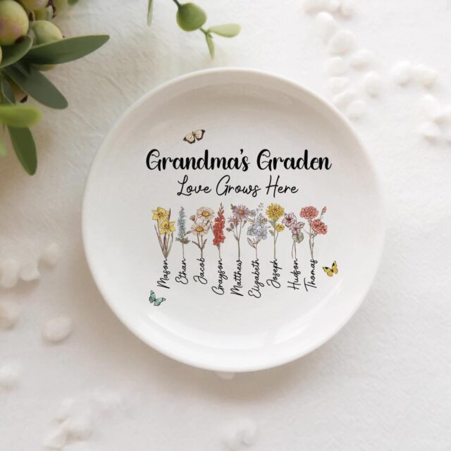 Personalized Grandma’s Garden Jewelry Dish – Custom Birth Month Flower Gift
