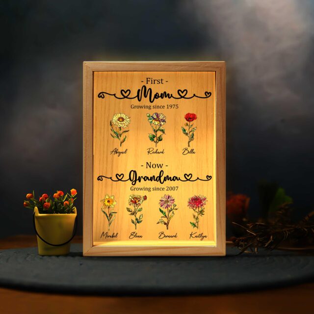 Custom First Mom Now Grandma Night Light Box – Birth Month Flower Gift for Mother’s Day
