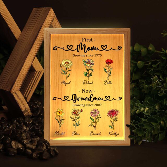 Custom First Mom Now Grandma Night Light Box – Birth Month Flower Gift for Mother’s Day