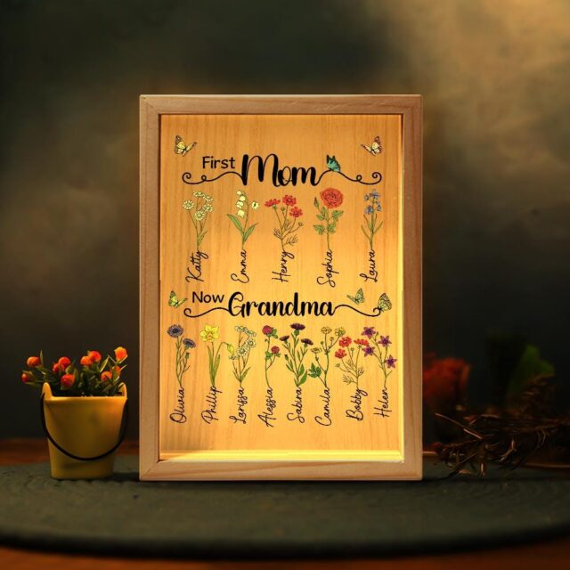 Custom First Mom Now Grandma Night Light – Personalized Birth Month Flower Gift