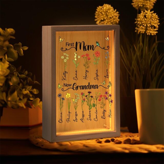 Custom First Mom Now Grandma Night Light – Personalized Birth Month Flower Gift