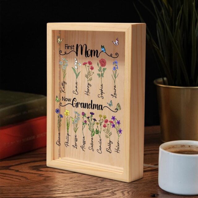 Custom First Mom Now Grandma Night Light – Personalized Birth Month Flower Gift